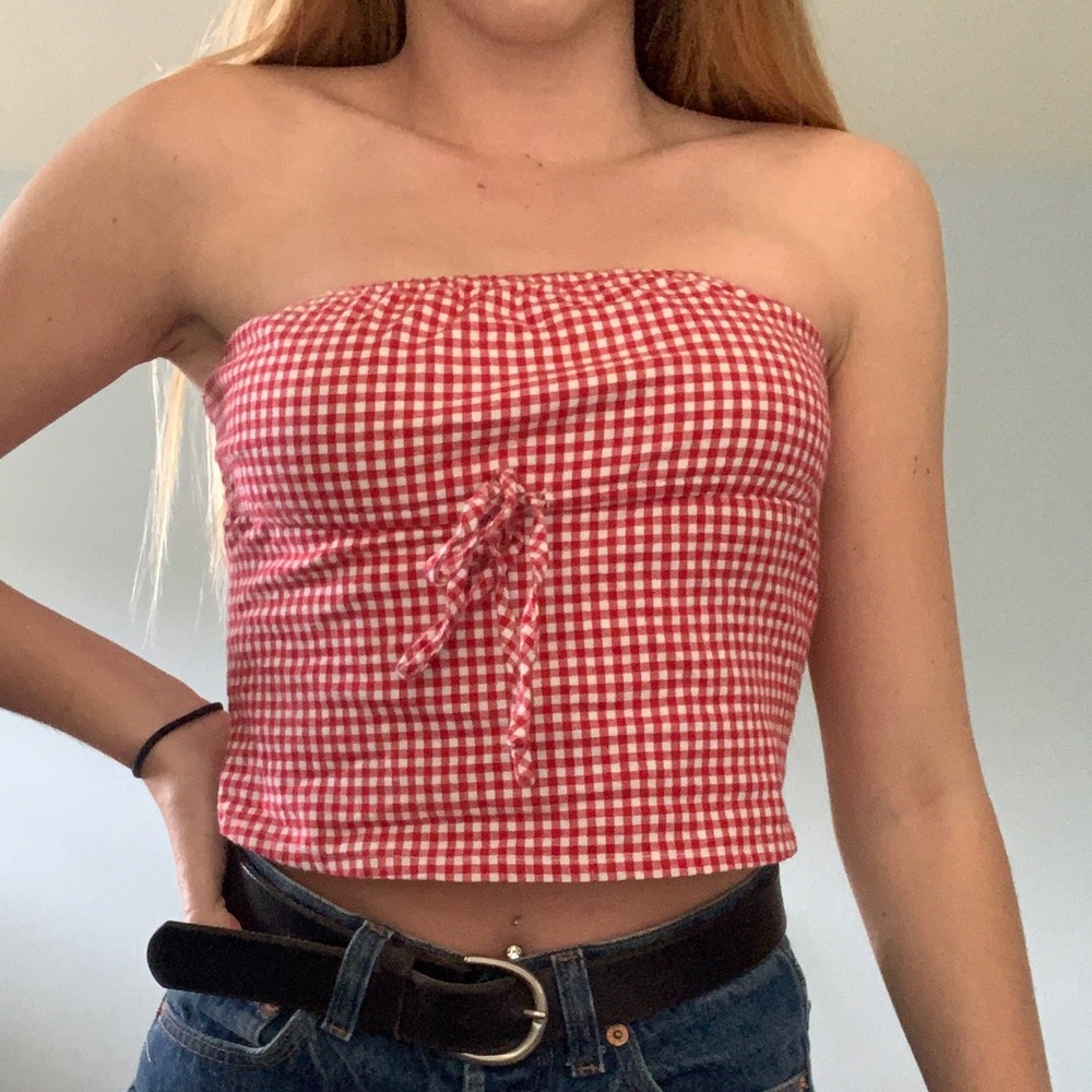 red and white gingham print adjustable tube top
